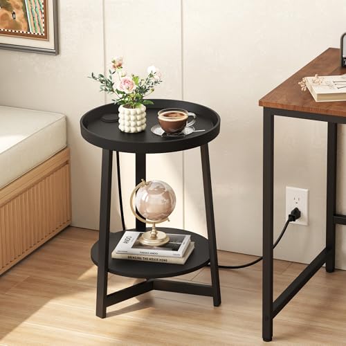 Round Industrial Side Table with Charging Station,2-Tier Round End Table with USB Port & Power Outlet, Nightstand with Metal Frame for Small Spaces, Living Room, Bedroom, Black - color: Black, style: With Charging Station