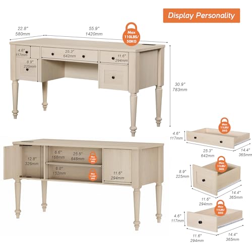 WAMAPT Elegant Executive Desk with Storage, Farmhouse Writing Desk with Charging Station, Wood Home Office Desk with Drawer, Cabinet & Shelf for Study, 56 Inch, Beige - color: Beige