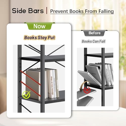 DurayLoly 5-Tier Bookshelf, Black Metal Bookshelf for Home Office, Black | Robust Steel Frame, Stable X-bracing Design, Large Capacity - color: Black, size: 5 Tier - 1 pc