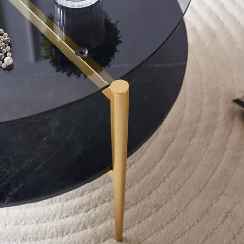 LumFurn Round Coffee Table for Living Room, Mid-Century Modern Design, D30 x H17, 2-Tier Structure, Grey Glass Top and Black Marble Finish Wood Shelf, Sleek Conical Metal Legs with Gold Finish Frame - color: Grey & Black Marble, size: D30" Round Coffee Ta