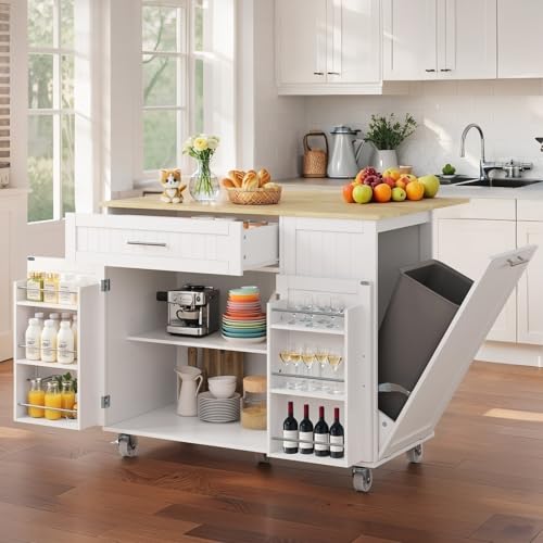 Kitchen Island with Storage, Island Table for Kitchen with Widen Drop Leaf Rubberwood Top, Trash Can Storage and Towel Bar, Rolling Kitchen Island Cart on Wheels for Indoor Outdoor, White
