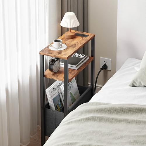 Narrow Side Table with Charging Station Slim End Table Sofa with Magazine Rack, Bedside Table for Small Spaces, 3 Tier Nightstand for Living Room Couch, Bedroom Rustic Brown LET503RE - color: Rustic Brown, style: With Charging Station