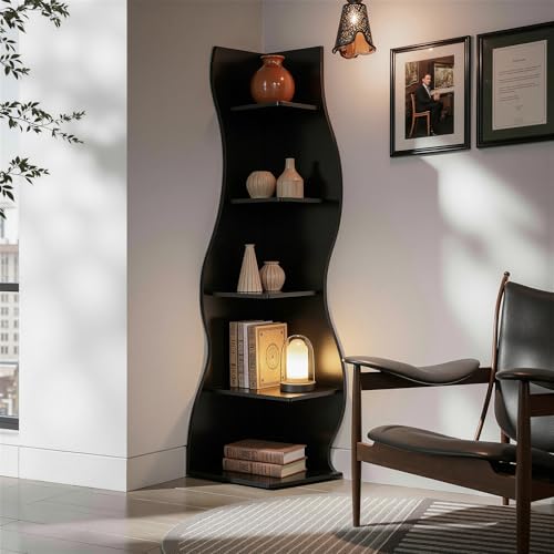 VECELO Wavy Corner Shelf, Decorative 6-Tier Corner Display Bookshelf, Tall Storage Organizer for Small Spaces, Living Room or Bedroom, Black - color: Black, size: 1pc