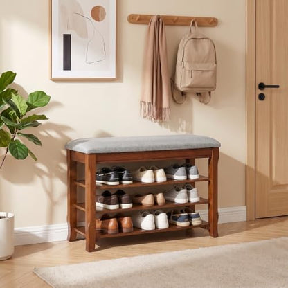 Solid Wood Shoe Bench with Storage, Flip-Top Soft-Close Lid, Adjustable Shelves, Cushioned Entryway Shoe Rack Organizer, 31.5” - size: 31.5"