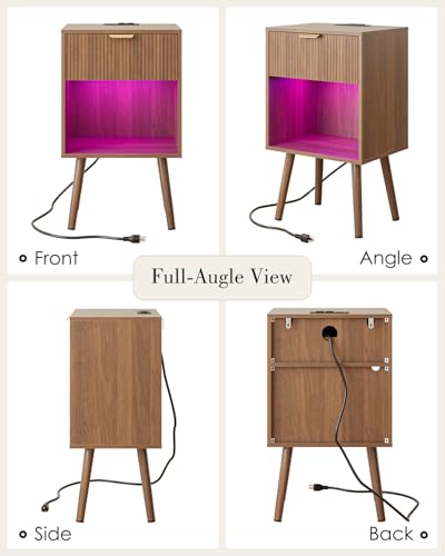 Walnut Fluted Nightstand, Modern Bedside Table with Storage Drawer, Wood Night Stand Side End Table for Bedroom, Living Room, Office