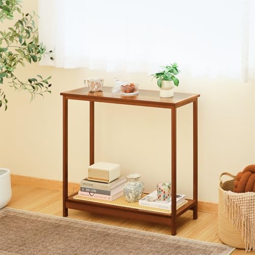 Bamboo Narrow Console Table, 31.5"(L) Wood Small Entryway Table with Rattan and Glass, Accent Slim Hallway Tables, Thin Sofa Side Tables for Hallway, Living Room, Bedroom, Foyer, Walnut - color: Walnut 31.5"(l)