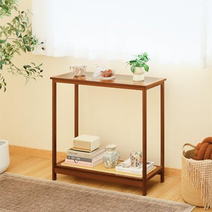 Bamboo Narrow Console Table, 31.5"(L) Wood Small Entryway Table with Rattan and Glass, Accent Slim Hallway Tables, Thin Sofa Side Tables for Hallway, Living Room, Bedroom, Foyer, Walnut - color: Walnut 31.5"(l)