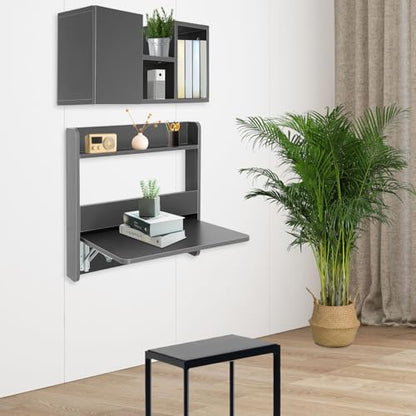 Wall Mounted Bookshelf with Moveable Cabinets, Multifunctional Folding Floating Desk, Fold Down Laptop Table with Storage Shelves for Bedroom Study Room Space Saving Small Space Garage (Grey) - color: Grey