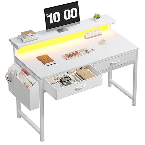 DurayLoly Computer Desk with 2 Drawers & LED Lights,31Inch Home Office Desks with Side Pocket and Monitor Stand,Study Writing Table for Small Spaces,White - color: White, size: 31.0 Inch