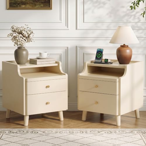 Nightstand Set of 2, Pre-Assembled, 19.7“H Solid Wood Night Stand with 2 Drawers, Open Sliding Shelf, Mid Century Modern Small Bedside Table for Bedroom, Cream 16" - color: Cream-2pack, size: 16"