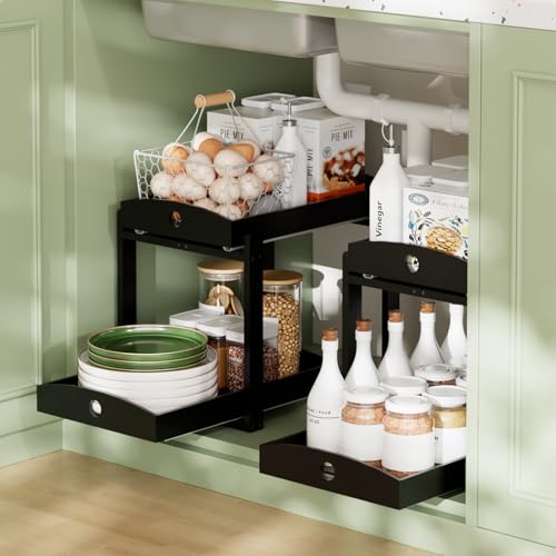 APRTAT 2 Pack Under Sink Organizer, Bamboo Wooden 2-Tier Pull-Out Storage with Sliding Drawers for Kitchen and Bathroom Cabinets, Easy Installation (Black) - color: Black