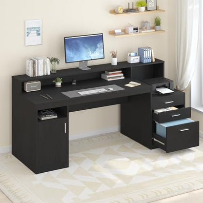 YOMILUVE Computer Desk with 3 Drawer & Storage Shelves, Home Office Desk with File Drawer & Cabinet, Writing Study Table with Long Monitor Stand & Printer Shelf, Executive Desk, Black - color: Black
