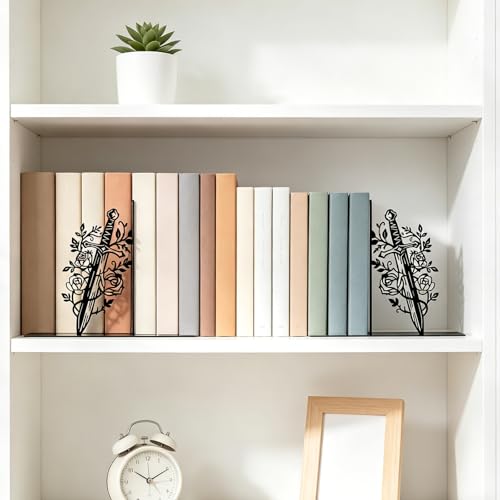 Metal Bookends Flower & Dagger Bookends Decorative Cute Book Ends for Shelves Unique Book Ends for Book Lovers Gift Reading Decor Bookshelf Decor - style: Flower & Dagger