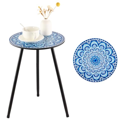 1 Pack Metal Mosaic Round Side Tables 13.4" Small Outdoor Patio Round Accent Coffee Tables Indoor Corner Stand for Small Spaces Weather-Resistant for Balcony, Porch Plant Stands Indoor, Light Blue - color: Light Blue, style: 1 pack/ 13.4 in