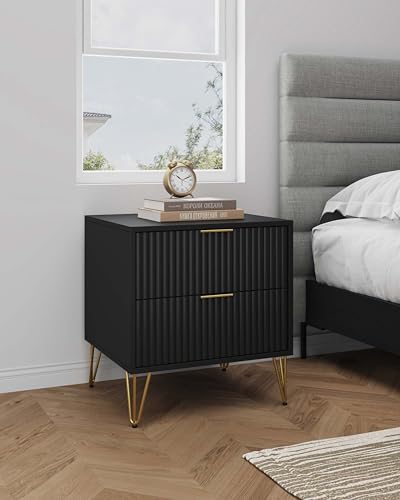 20" Sturdy Metal Legs Small Nightstand, Modern Nightstand with Textured Drawers, Storage Cabinet for Indoor Home use, Black - color: Black