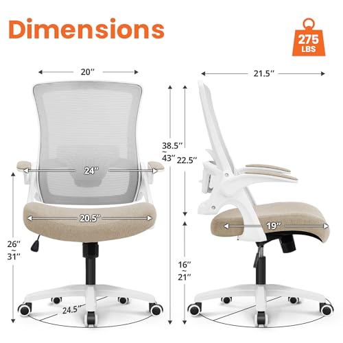 NEO CHAIR Office Desk Gaming Chair Computer High Back Mesh Seat with Rolling Wheels Ergonomic Adjustable Comfy Flip-up Armrests Lumbar Support Height for Home (Beige White Frame) - color: Beige