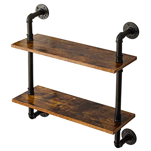 IBUYKE 2-Tiers Industrial Pipe Shelves, Pipe Floating Shelves RF-TM004 | Rustic Wall Mount Bookcase,Metal Bracket Storage Wall Shelf for Bedroom, Kitchen - size: 2 Tier