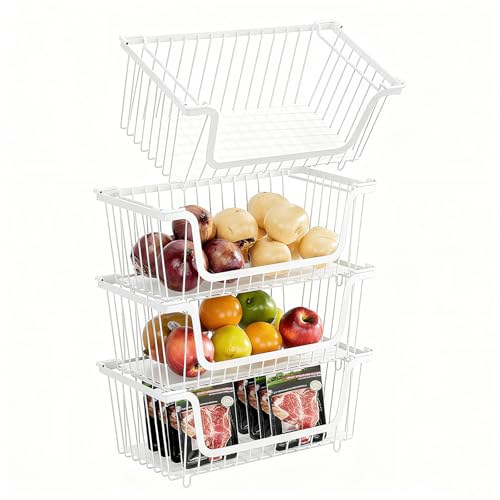 GAOKASE 4 Pcs Stackable Wire Baskets for Pantry Organizers and Storage,Vegetable Fruit Basket for Countertop,Kitchen Storage Metal Baskets,Produce Potato Onion Storage Bin,White - color: 1-White
