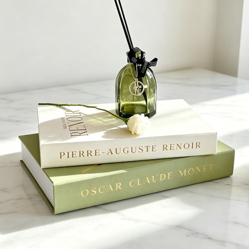 Aesthetic Decorative Books - Set of 2 Linen Fake Books Enhance Your Coffee Table, Home Decor, Living Room, Bookshelf or Mantle Decor, Modern Stackable Faux Book Photo Storage and as a Keepsake Box - color: Sage Green - Beige