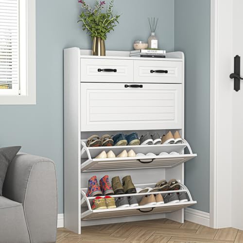 Large Shoe Cabinet for Entryway, Slim Hidden Shoe Storage Cabinet with 3 Flip Drawers and 2 Top Drawers,Shoe Rack Organizer Cabinet for Hallway, White - color: White_2