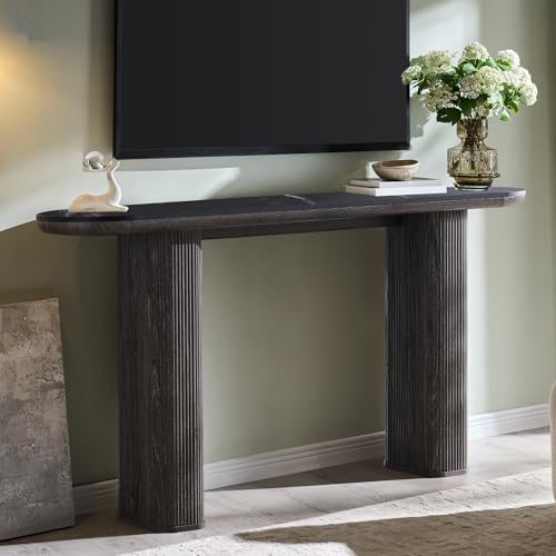 OKD 63" Modern Fluted Console Table, Narrow Entryway Table, Dark Alder | Modern Fluted Wood Base, Curved Faux Marble-Texture Top, Entryway, Hallway, Foyer, Behind Sofa - color: Dark Alder