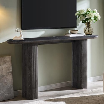 OKD 63" Modern Fluted Console Table, Narrow Entryway Table, Dark Alder | Modern Fluted Wood Base, Curved Faux Marble-Texture Top, Entryway, Hallway, Foyer, Behind Sofa - color: Dark Alder