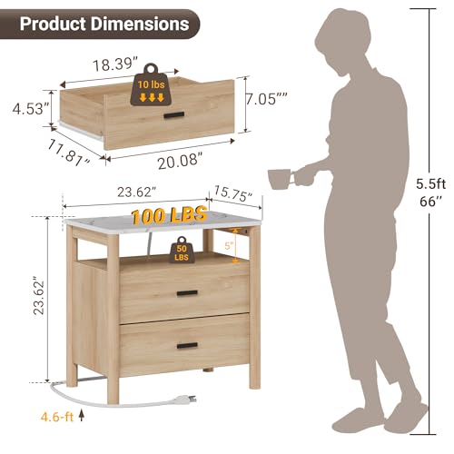 Night Stand, 23" Wide Nightstand, Modern Large Nightstand with Charging Station & Faux Marble Top, 2 Drawer End Table with Solid Round Post Legs, Bedside Table for Bedroom, Natural Oak - color: Natural Oak + Faux Marble Top, size: 24''W x 15.7'D x 24''H (