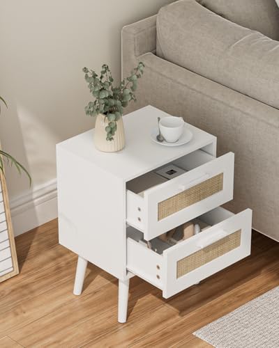 Masupu Rattan Night Stand, Modern nightstand Boho Bedside Table with 2 Drawer, Small End Side Table for Bedroom,Living Room,Office,White - color: White