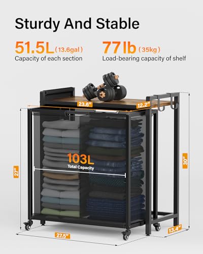 2 Section Rolling Laundry Sorter, Fabric Drawers & Pull-Out Car | Durable, Strudy, Shelf Laundry Hamper, Brake Two Wheels, Bottom Added Panel, Easy to Move, Laundry Room, Bathroom, Bedroom - size: 2 Section without Drawers (103L)