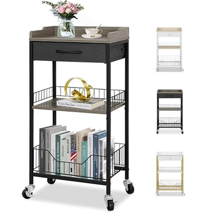 Tall Side Table with Drawer and Shelves, Narrow End Table with Optional Wheels, 4-Tier Small Side Table, 30" High for Living Room, Bedroom, Bathroom, Black & Grey - color: Black With Grey