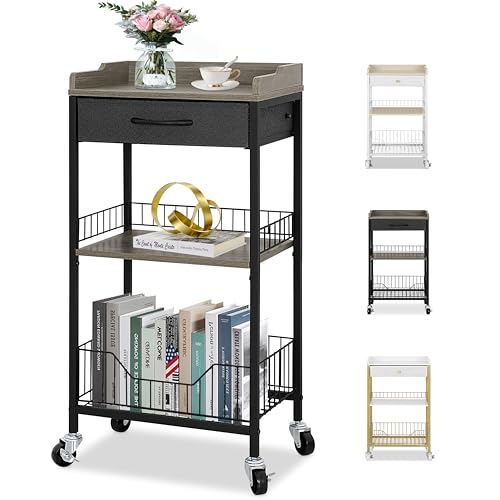 Tall Side Table with Drawer and Shelves, Narrow End Table with Optional Wheels, 4-Tier Small Side Table, 30" High for Living Room, Bedroom, Bathroom, Black & Grey - color: Black With Grey