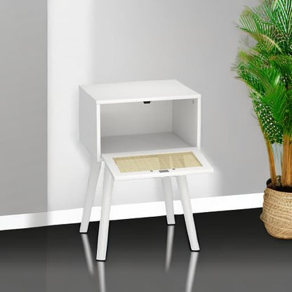 LAATOOREE Table, Nightstand Set of 2 - Small End Table with Rattan Door, Boho Style for Bedroom Living Room - White - color: White, style: Boho Style