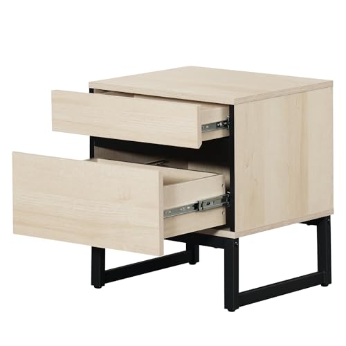 WAMPAT Modern End Table with 2 Drawers, Farmhouse Sofa Table Featuring Black Square Iron Legs, Rustic Wood Side Table for Living Room or Nightstand for Bedroom, Light Oak - color: Light Oak