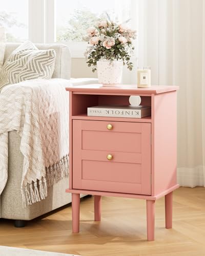 Nightstand, Boho Night Stand with 1 Drawers, Modern Side Accent Table with Open Shelf, Wooden Top Bedside End Table for Bedroom, Living Room, Pink - color: Pink