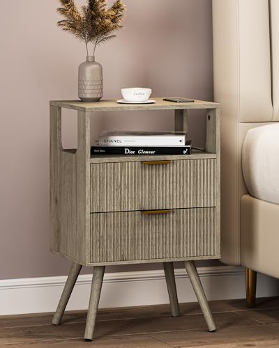 Leomonio Grey Nightstand,Modern Bedside Table with 2 Storage Drawer and Open Wood Shelf, for Bedroom and Small Spaces,Night Stand with Solid Wood Legs,Grey Oak - color: Grey Oak