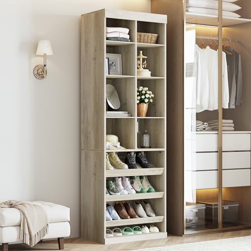 IRONCK Tall Shoe Storage Cabinet with Adjustable Shelves and Cubbies | Narrow Shoe rack Storage Organizer for entryways, closets, bedrooms and small apartments - color: Rustic Maple