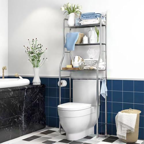 Over The Toilet Storage Rack, 3 or 2 Tier Bathroom Organizer Freestanding Space Saver Toilet Stand, Bathroom Storage Shelf Easy to Assemble - color: Stainless Steel 3 Layers