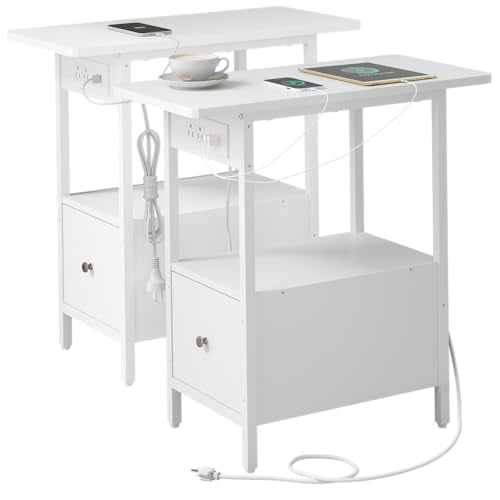 LIDYUK End Table with Charging Station, Narrow Side Table with Drawer and USB Ports & Power Outlets, Nightstand Bedside Tables for Small Spaces, Bedroom, Living Room, White, Set of 2 - color: White, size: Pack of 2