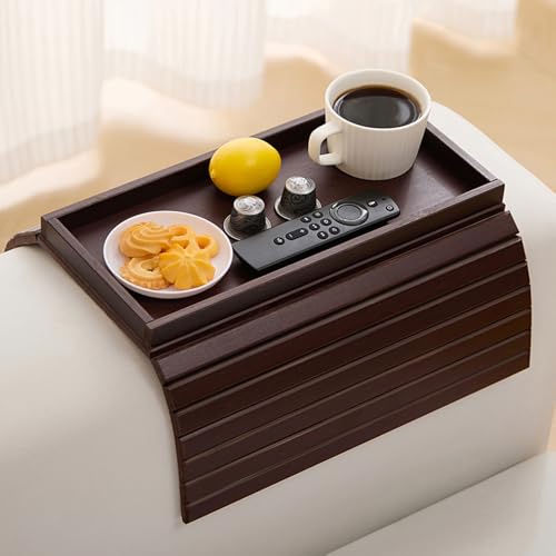 Bamboo Couch Arm Tray Table，Foldable Sofa Armrest Tray Table for Couch，Flexible and Anti-Slip Couch Arm Cup Holder，Portable Sofa Arm Chair Table for Drink,Cups, Eats，Snacks, Phone, Remote - color: Mahogany