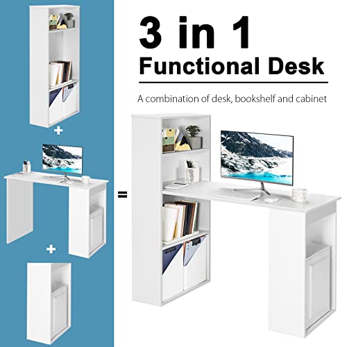 AUGESTER Computer Desk with Bookcase, Desk Bookshelf Cabinet 3 in 1 Functional Table, Compact Computer Workstation with Storage Shelf and CPU Holder, Suitable for Home & Office (White)