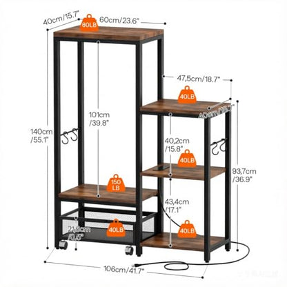 HOOBRO Mini Fridge Stand with Storage, Microwave Stand with Movable Basket, 3-Tiers Coffee Bar Station, Bakers Rack with Power Outlet, for Kitchen, Dorm, Office, Rustic Brown and Black BF38UHB01