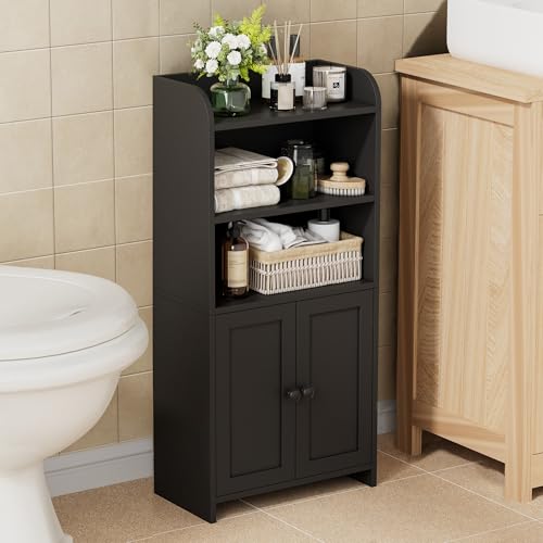 Homhedy Small Bathroom Storage Cabinet, Freestanding Toilet Paper Storage with 2 Doors and Shelves, Bathroom Organizers and Storage for Small Spaces, Laundry Room, 7.9" D x 14.6" W x 31" H, Black - color: Black, size: 7.9"D x 14.6"W x 31"H