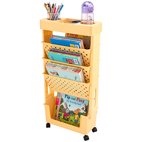 Yellow Rolling Office Paper Organizer, Mobile Book Cart Document Folder File Storage with Pen Holder, Slim Rolling Storage Cart Movable Bookshelf for Office, Dorm, Classroom, Nursery - color: Yellow