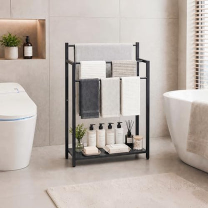 24.8" W Freestanding Towel Rack with Black Wood Shelf | 3 Tier Blanket Ladder Stand for Bathroom Living Room, Metal Frame - color: Black, size: 31.5" H x 24.8" W x7.9 D
