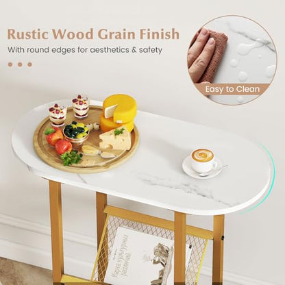 Giantex Oval Narrow Side Table, Set of 2 Small End Table with Magazine Rack Sling Holder Pouch, Modern Slim Nightstand, Bedside Tables for Living Room Bedroom Couch Small Spaces, White & Gold - color: White & Gold