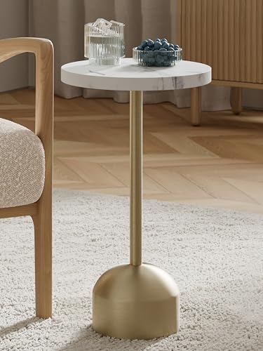 Round Metal Drink Table with Faux Marble Top, Brass Pole & Dome Base – Modern Small Pedestal Side Table for Living Room, Bedroom, or Office – Easy Assembly, Scratch-Resistant Base - color: Faux Marble Top With Brass Pole, style: Dome Base