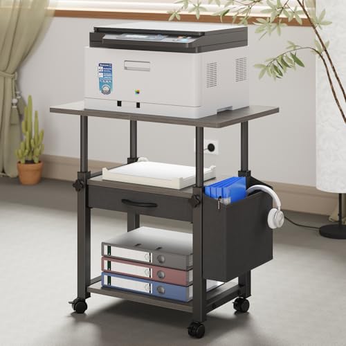 YAOHUOO 22"x15" Large Printer Stand with Drawer, 3-Tier Rolling Table Cart | Storage Drawer and Side Bag,Height Adjustable Cart,Fit printer/fax/3d/scanner,4 lock wheels or feet,Gray - color: Gray, size: 3-Tier