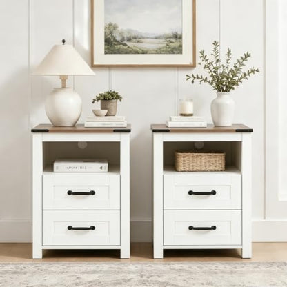 Farmhouse Night Stand Set of 2, Rustic White Nightstand for Bedroom, End Tables with Charging Station, Bedside Table with Drawers, Wood Bedside Cabinet Dresser - color: White, size: 2pcs with Charging
