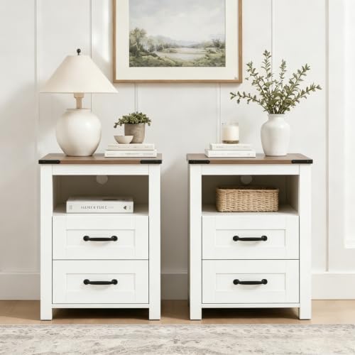Farmhouse Night Stand Set of 2, Rustic White Nightstand for Bedroom, End Tables with Charging Station, Bedside Table with Drawers, Wood Bedside Cabinet Dresser - color: White, size: 2pcs with Charging