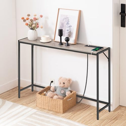 MAHANCRIS Console Table, Narrow Sofa Table, 43.7” Entrance Table with Power Station, Behind Couch Table, Simple Style, for Living Room, Hallway, Entryway, Foyer, Greige and Black CTHG112E01 - color: Greige,black